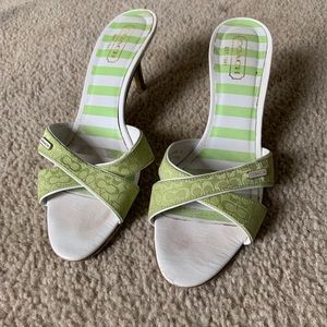 Coach green & white slide heeled sandals